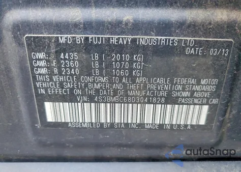 2013 Subaru Legacy 2.5I Premium z USA, uszkodzony, nr VIN 4S3BMBC68D3041828